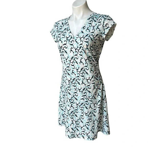 Athleta Nectar Blue White Scroll Vine Faux-Wrap Dress, Sz XS - Picture 6 of 12